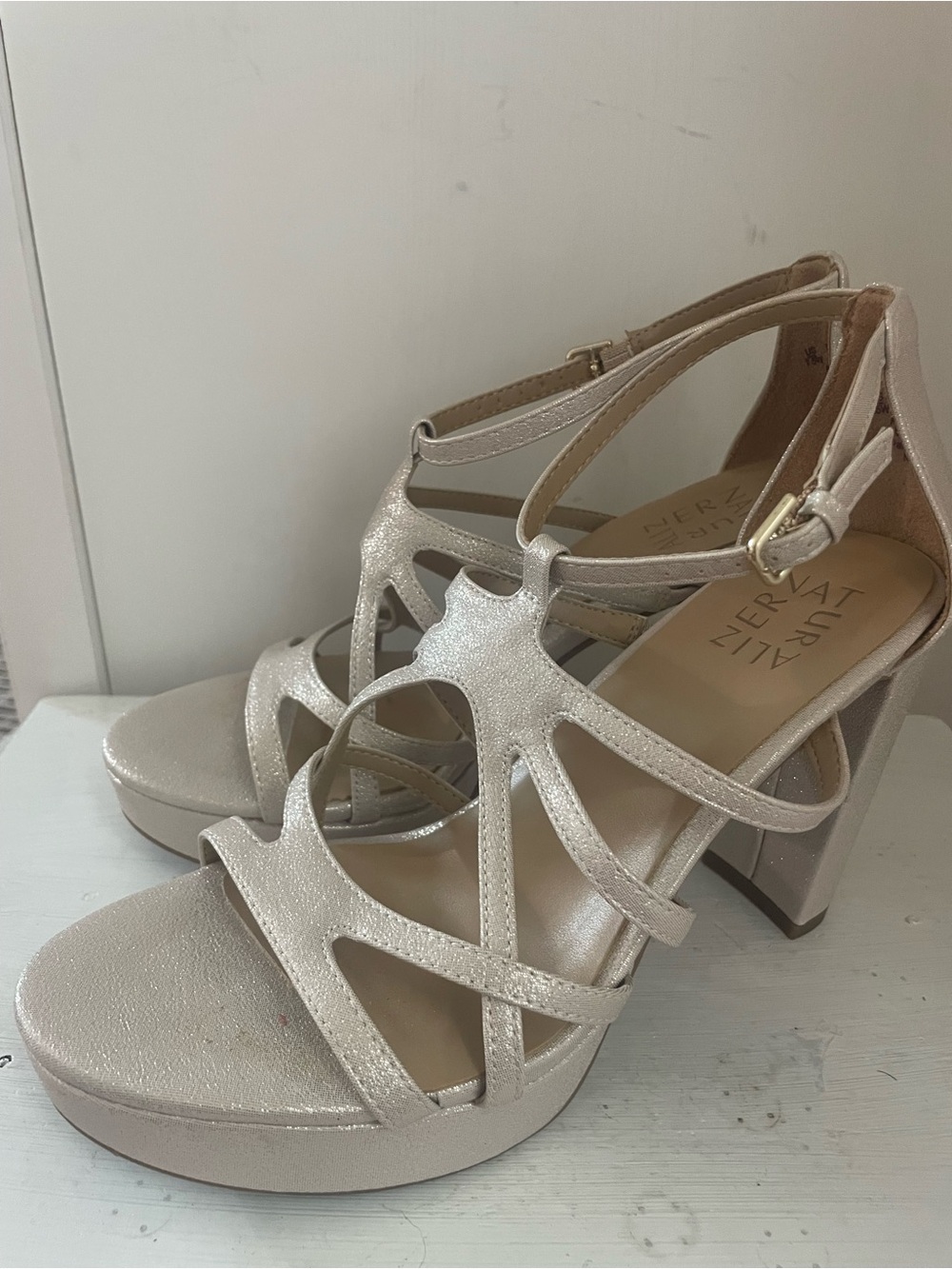 Naturalizer Metallic Champagne Strappy Block Heels